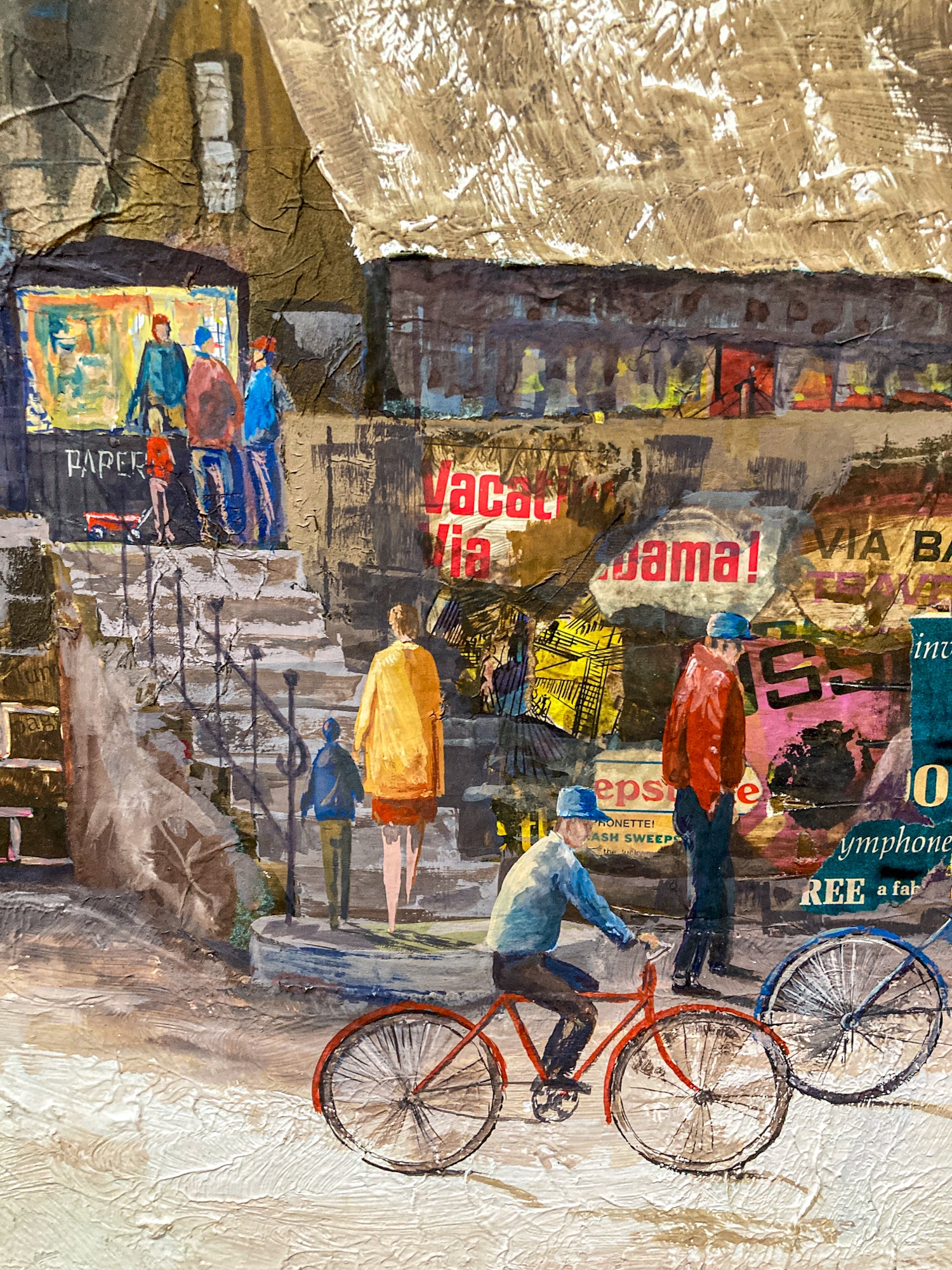 Vintage 1950s Gilpin Mixed Media Street Scene Unframed Gouache Collage Painting