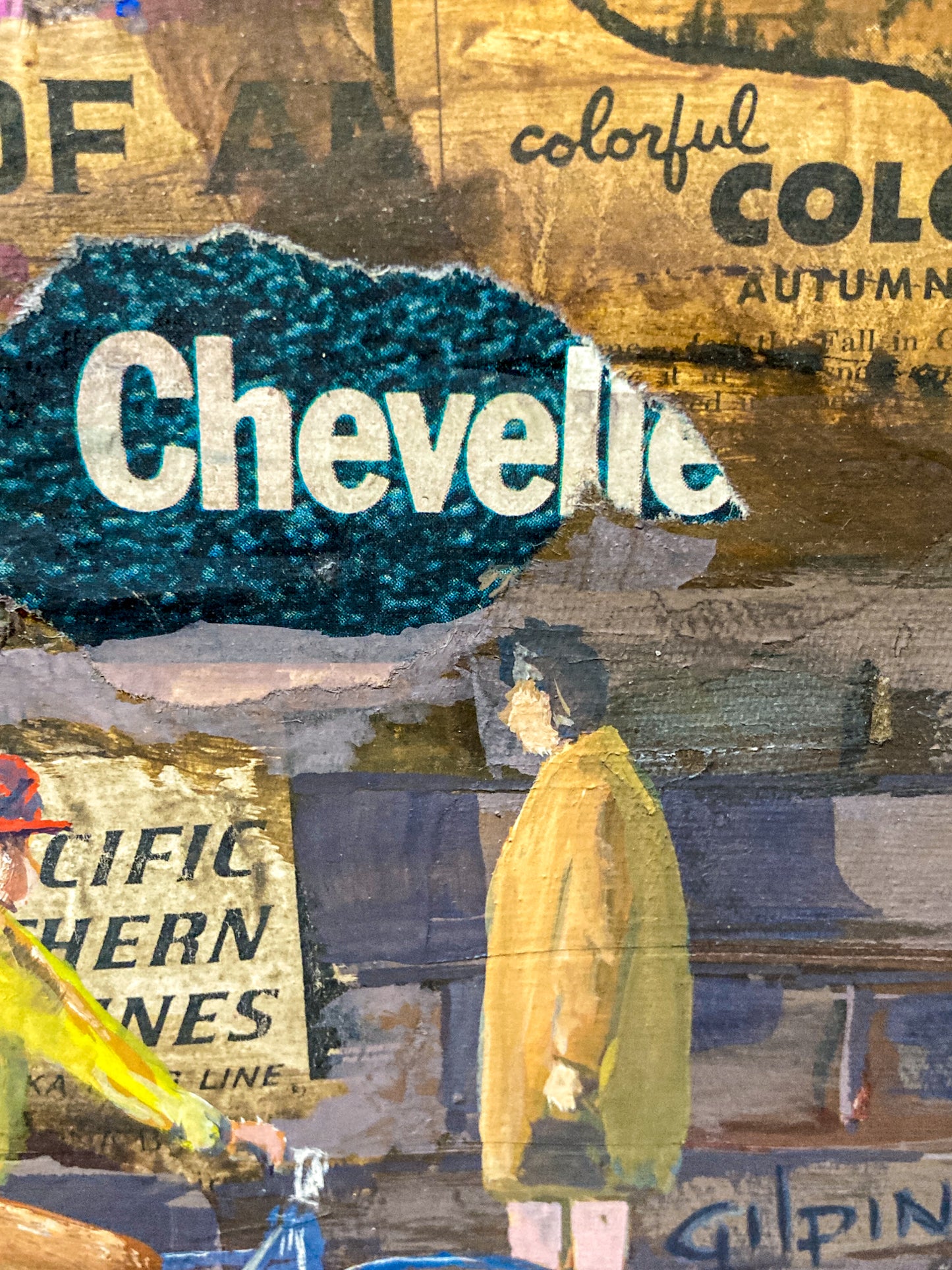 Vintage 1950s Gilpin Mixed Media Street Scene Unframed Gouache Collage Painting