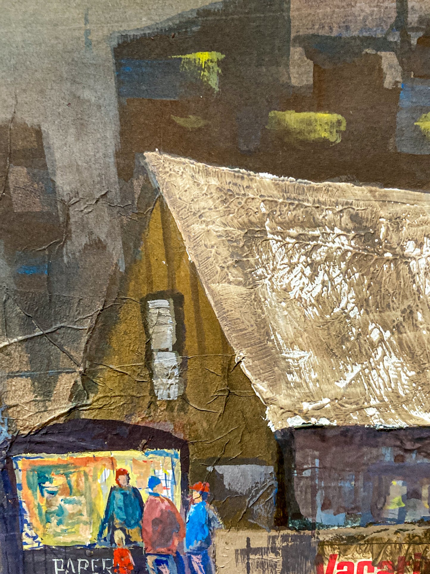 Vintage 1950s Gilpin Mixed Media Street Scene Unframed Gouache Collage Painting