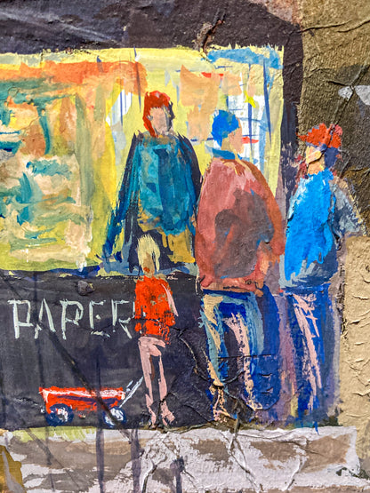 Vintage 1950s Gilpin Mixed Media Street Scene Unframed Gouache Collage Painting