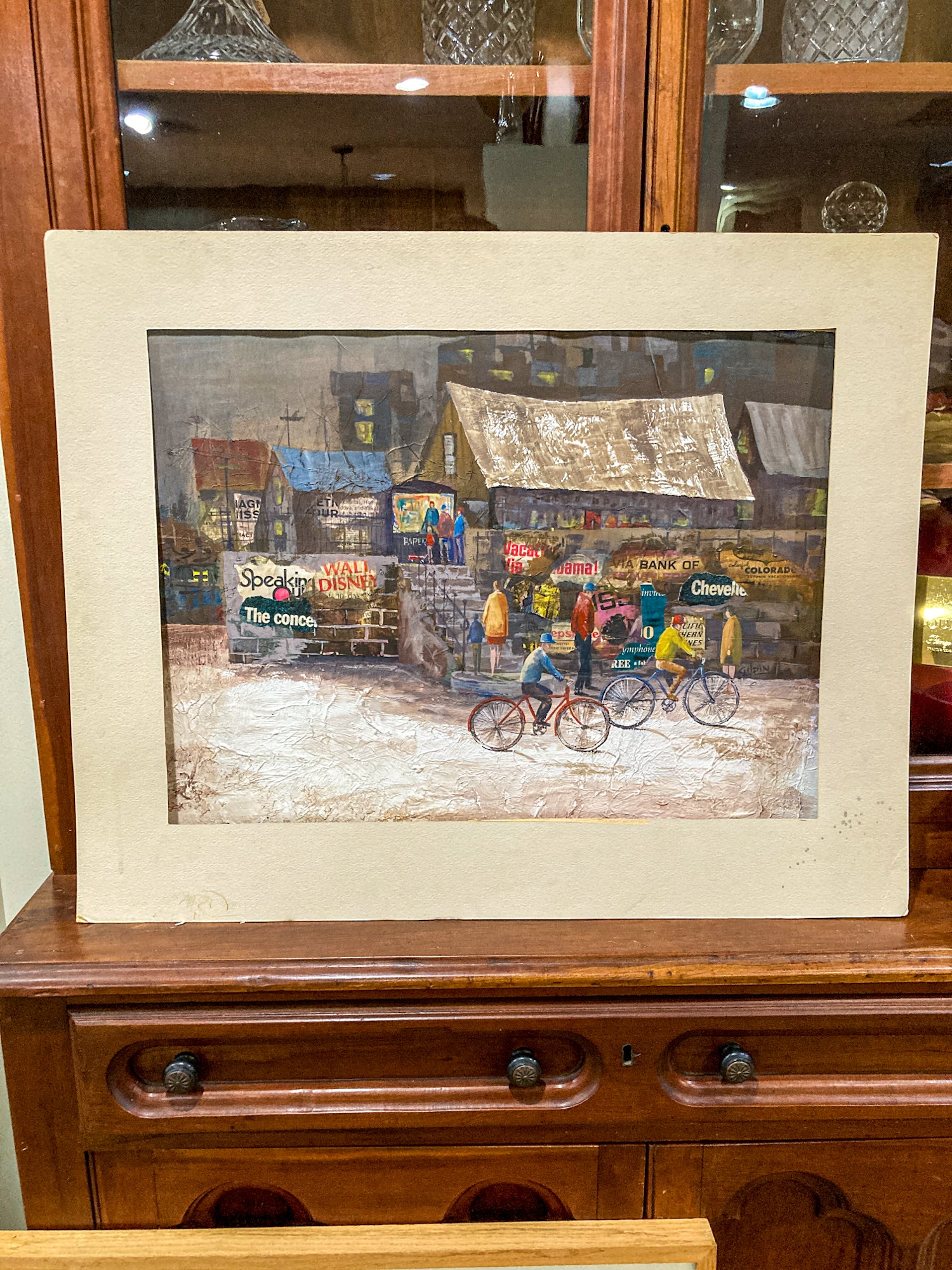 Vintage 1950s Gilpin Mixed Media Street Scene Unframed Gouache Collage Painting