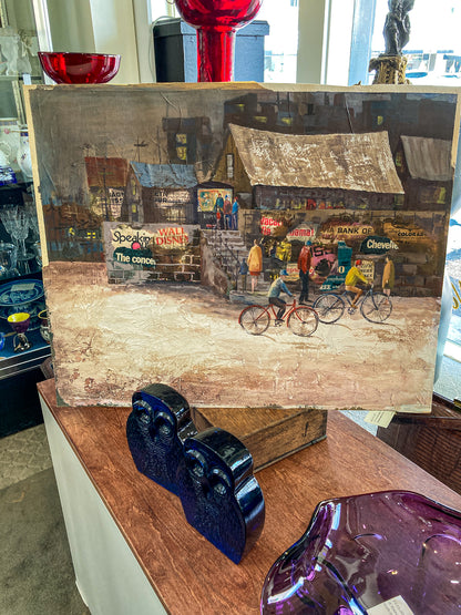Vintage 1950s Gilpin Mixed Media Street Scene Unframed Gouache Collage Painting