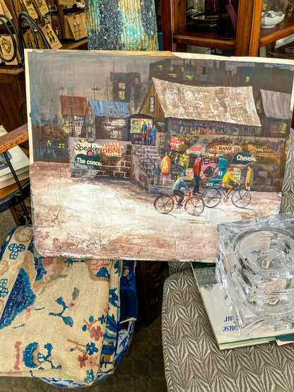 Vintage 1950s Gilpin Mixed Media Street Scene Unframed Gouache Collage Painting