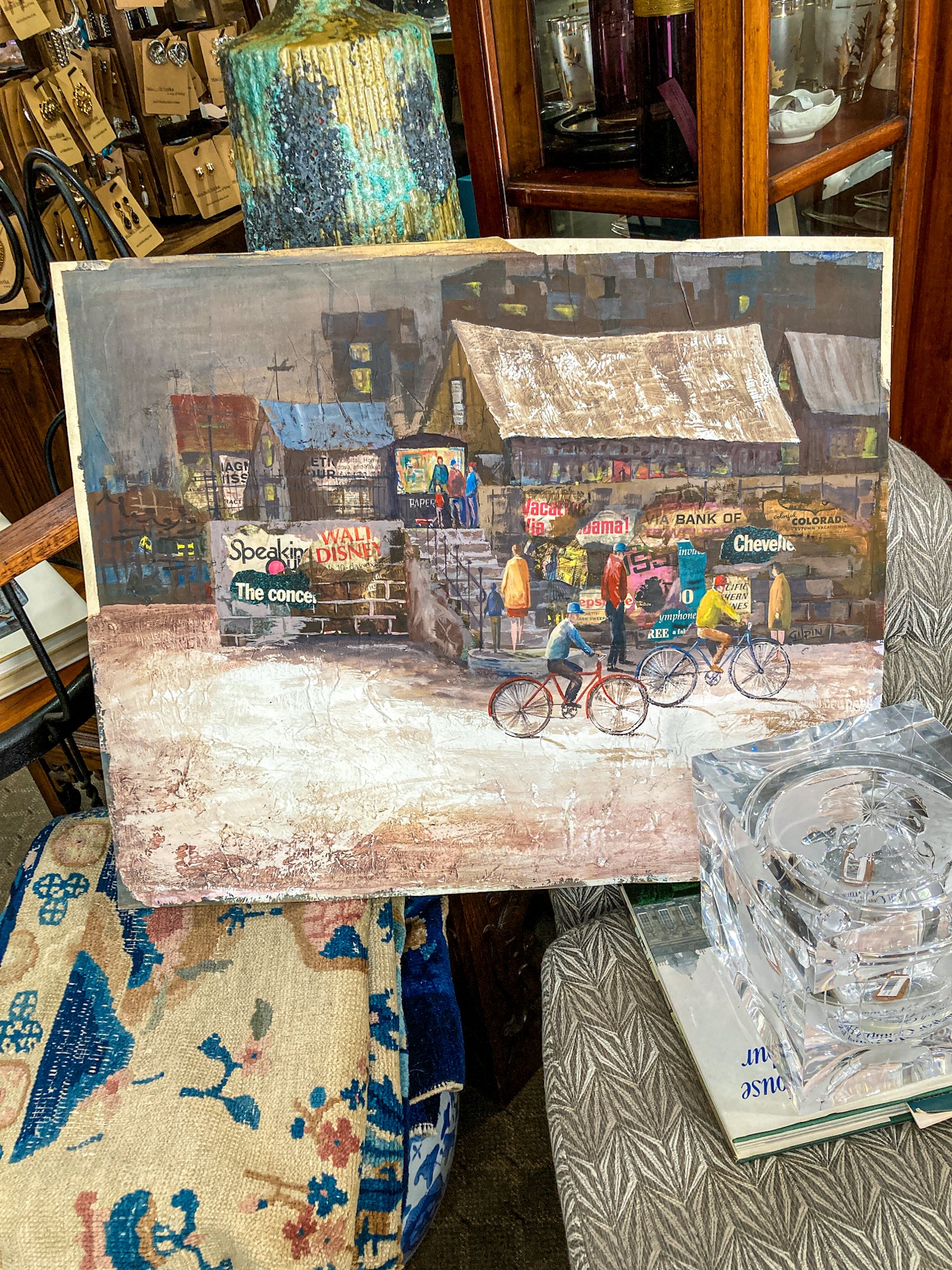Vintage 1950s Gilpin Mixed Media Street Scene Unframed Gouache Collage Painting