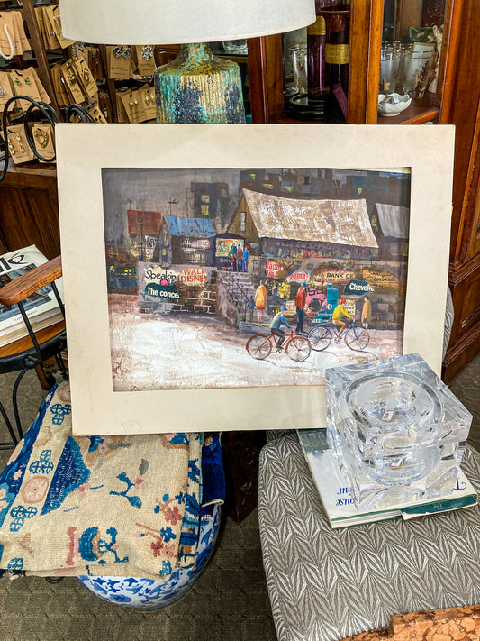 Vintage 1950s Gilpin Mixed Media Street Scene Unframed Gouache Collage Painting