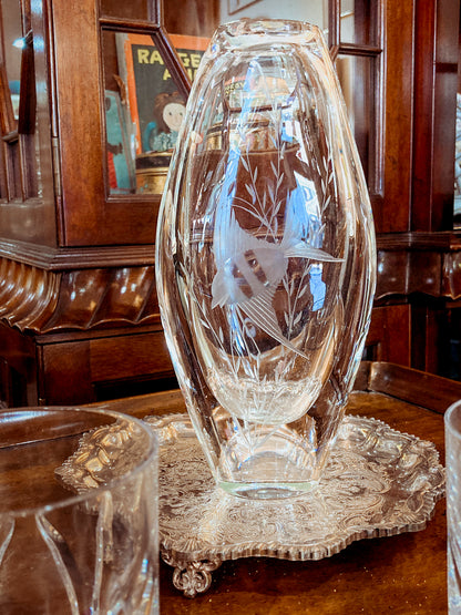 1950s Vintage Swedish Handblown Crystal Aquatic Angel Fish Etched Vase