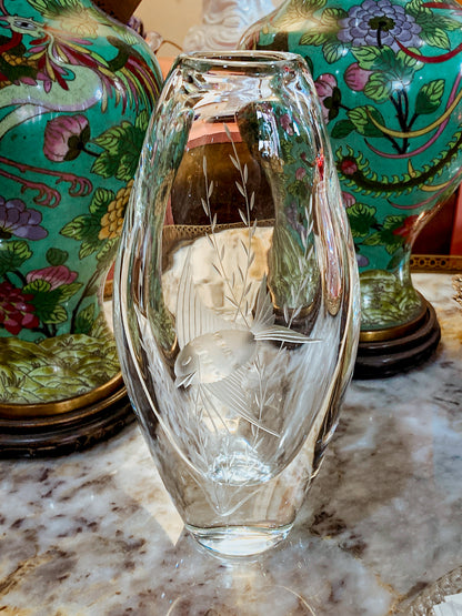 1950s Vintage Swedish Handblown Crystal Aquatic Angel Fish Etched Vase