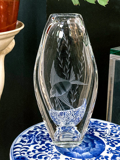 1950s Vintage Swedish Handblown Crystal Aquatic Angel Fish Etched Vase
