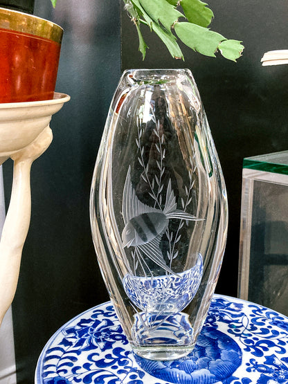 1950s Vintage Swedish Handblown Crystal Aquatic Angel Fish Etched Vase