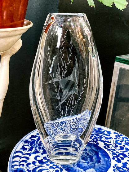 1950s Vintage Swedish Handblown Crystal Aquatic Angel Fish Etched Vase