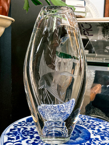 1950s Vintage Swedish Handblown Crystal Aquatic Angel Fish Etched Vase