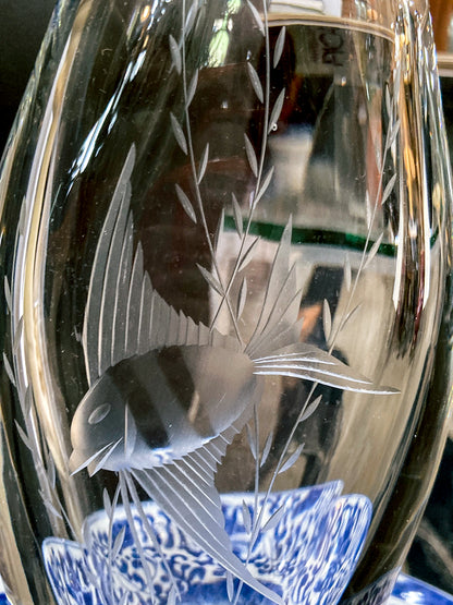 1950s Vintage Swedish Handblown Crystal Aquatic Angel Fish Etched Vase