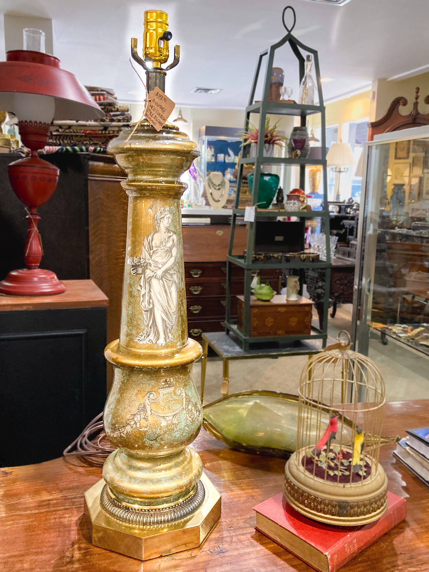 Vintage 1950's Hollywood Regency Greek Goddess Eglomise Glass Table Lamp
