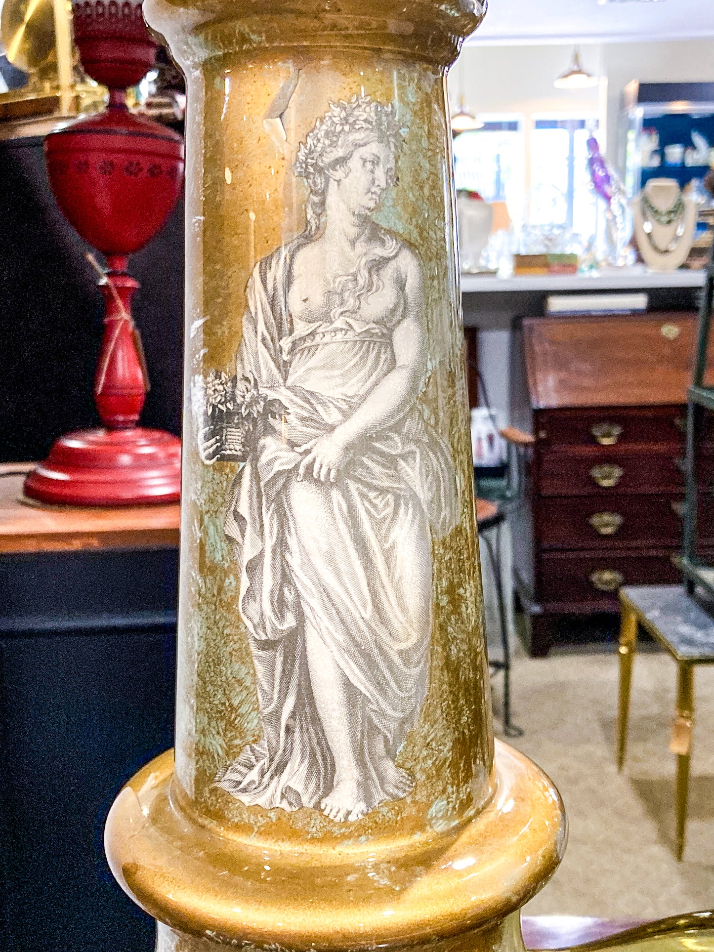 Vintage 1950's Hollywood Regency Greek Goddess Eglomise Glass Table Lamp