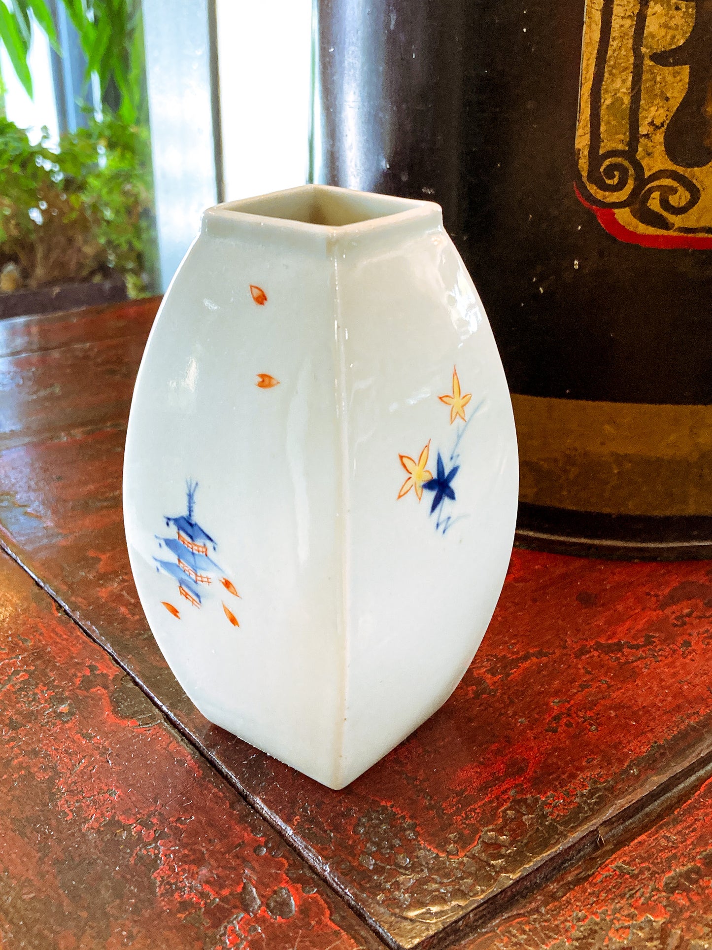 Vintage Hand Painted White Porcelain Bowed Cabinet Vase Japan 1950s