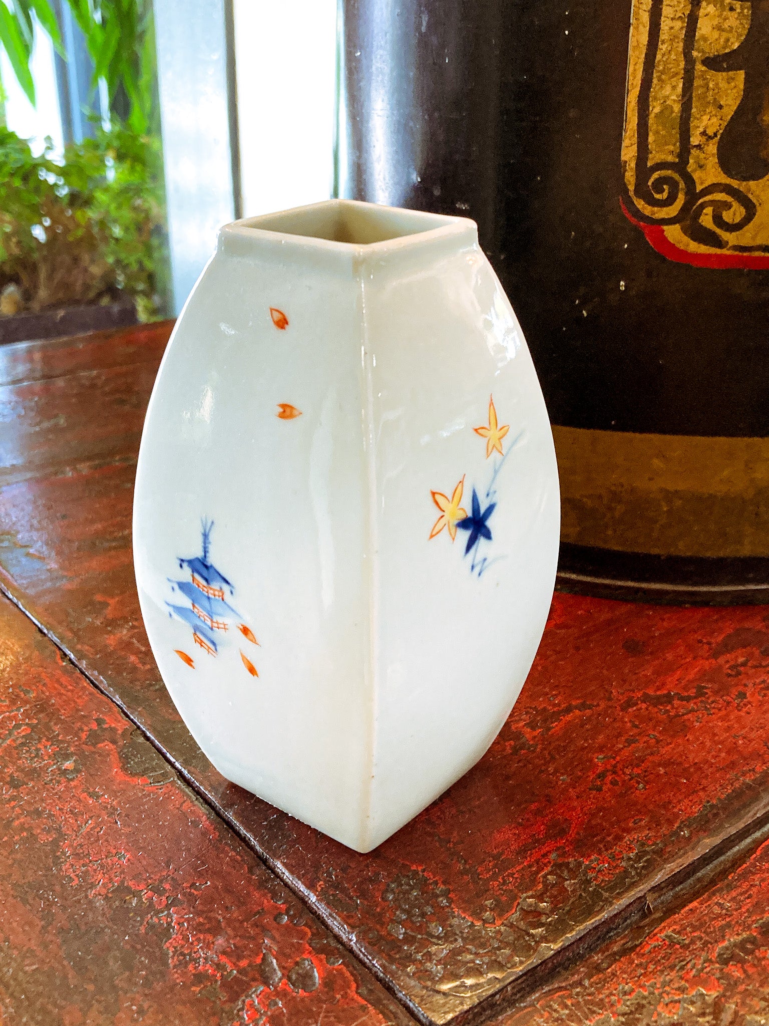 Vintage Hand Painted White Porcelain Bowed Cabinet Vase Japan 1950s