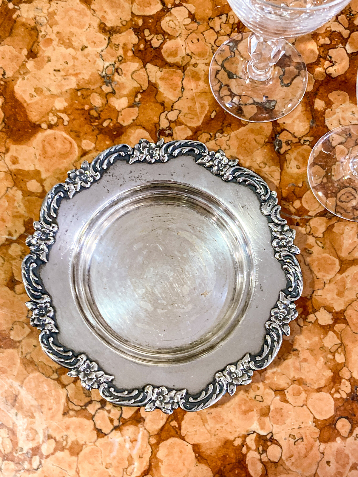 Vintage 1950s Sterling Silver American Floral Rim Wine Coaster Dish