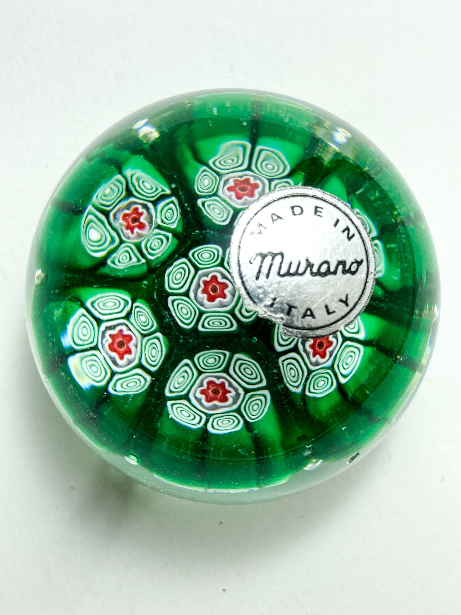Vintage 1960s Murano Italian Millefiori Green Red Glass Miniature Paperweight