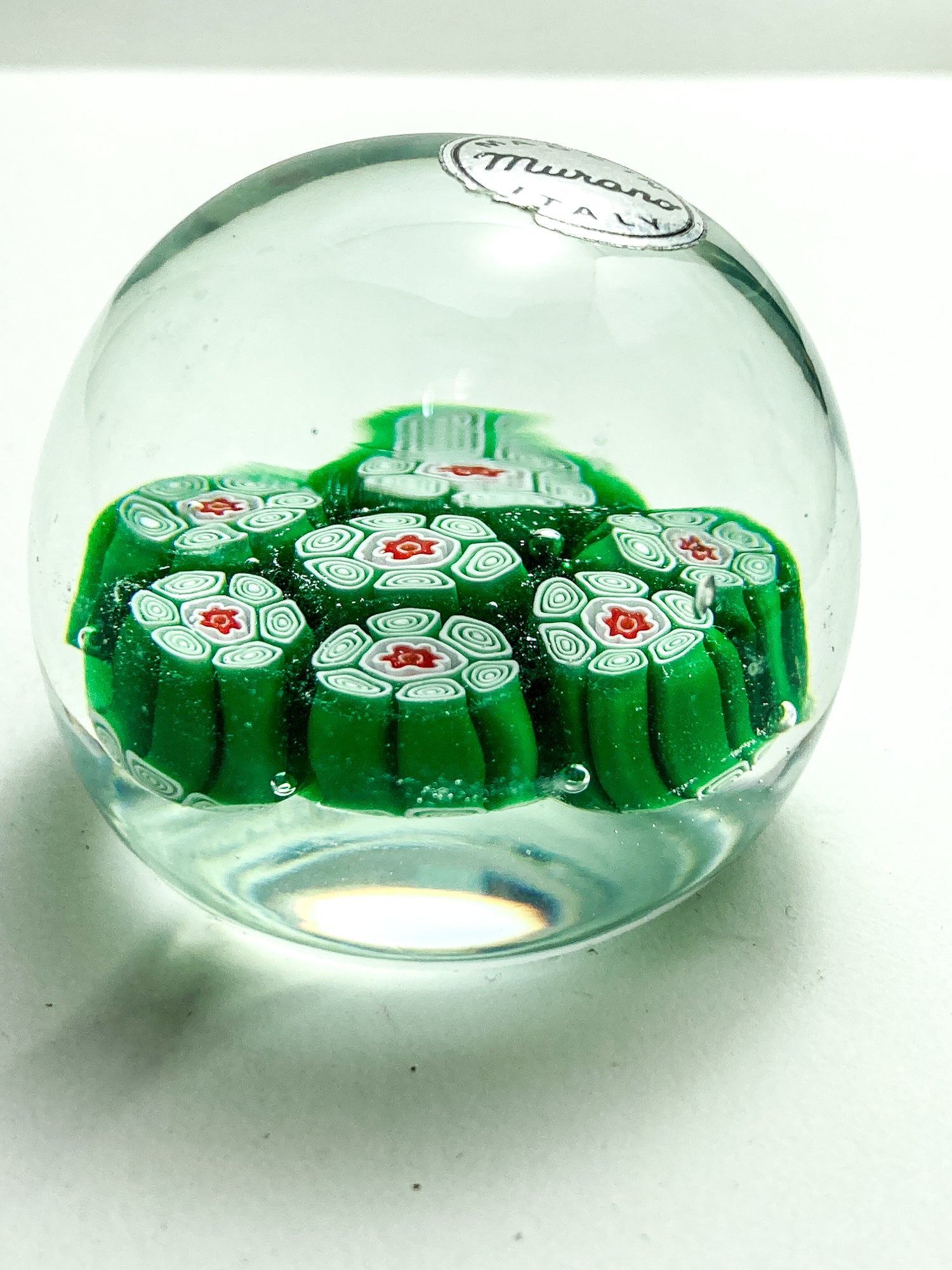 Vintage 1960s Murano Italian Millefiori Green Red Glass Miniature Paperweight
