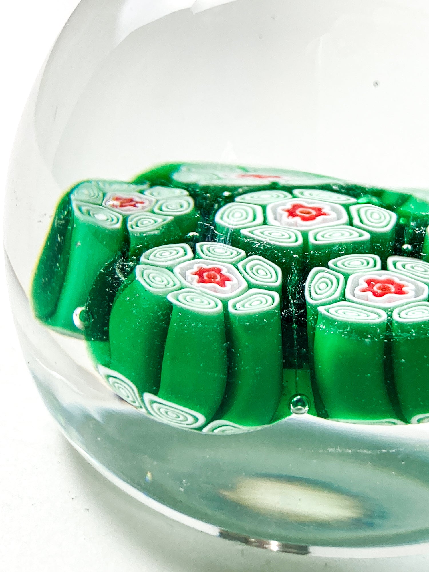Vintage 1960s Murano Italian Millefiori Green Red Glass Miniature Paperweight