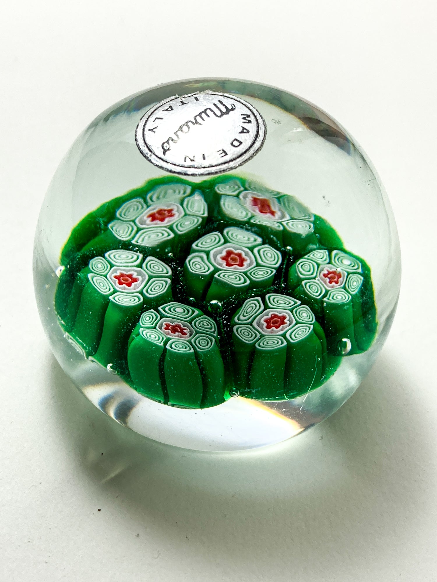Vintage 1960s Murano Italian Millefiori Green Red Glass Miniature Paperweight