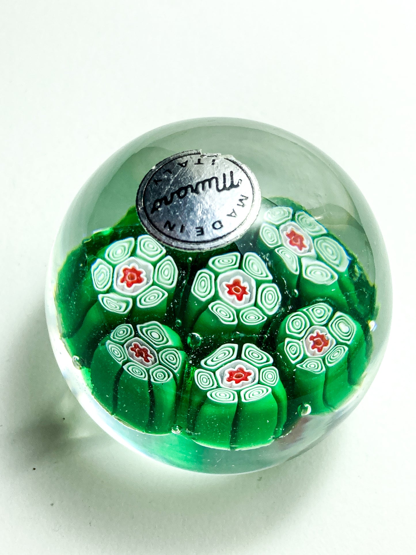 Vintage 1960s Murano Italian Millefiori Green Red Glass Miniature Paperweight