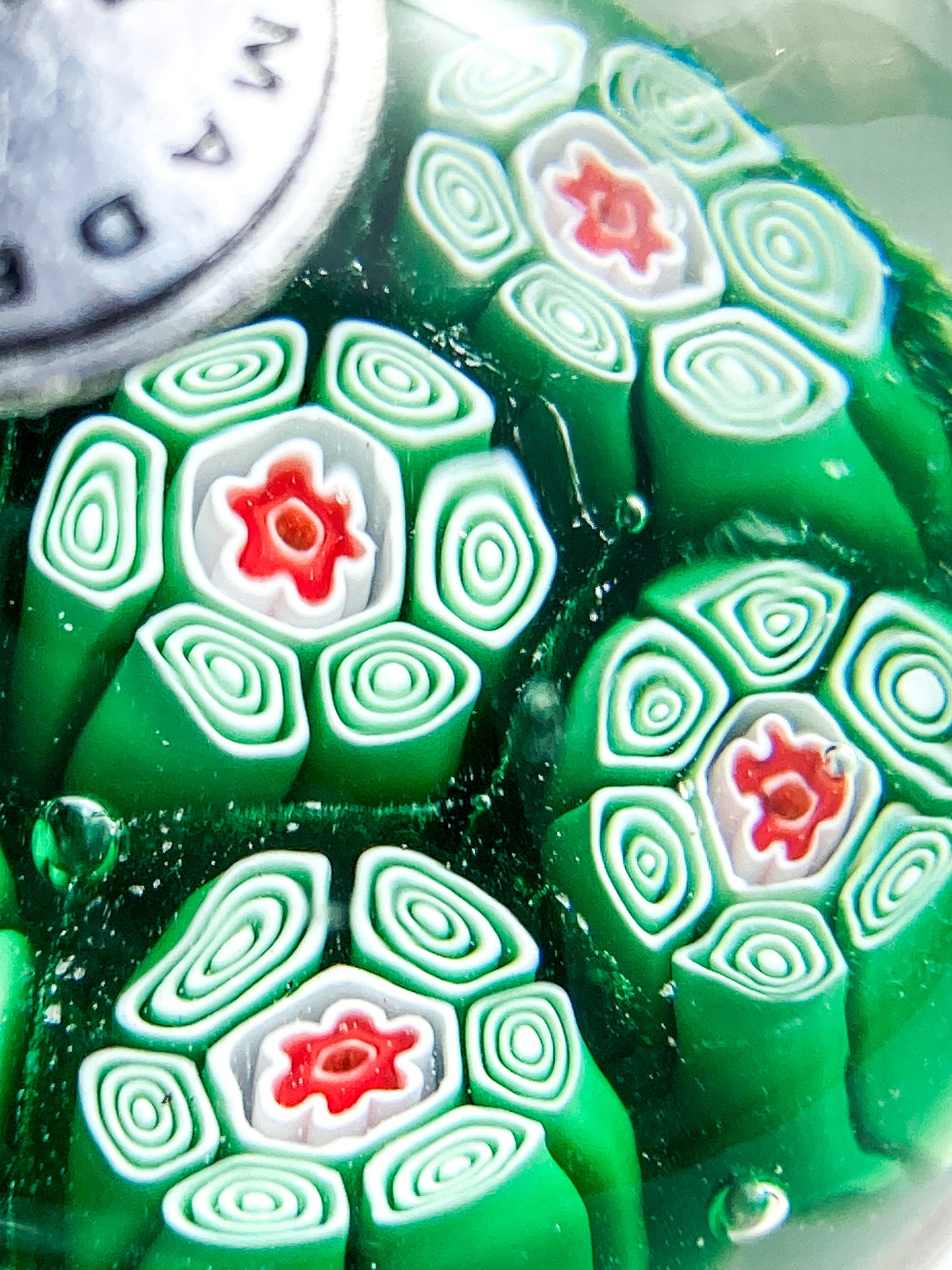 Vintage 1960s Murano Italian Millefiori Green Red Glass Miniature Paperweight