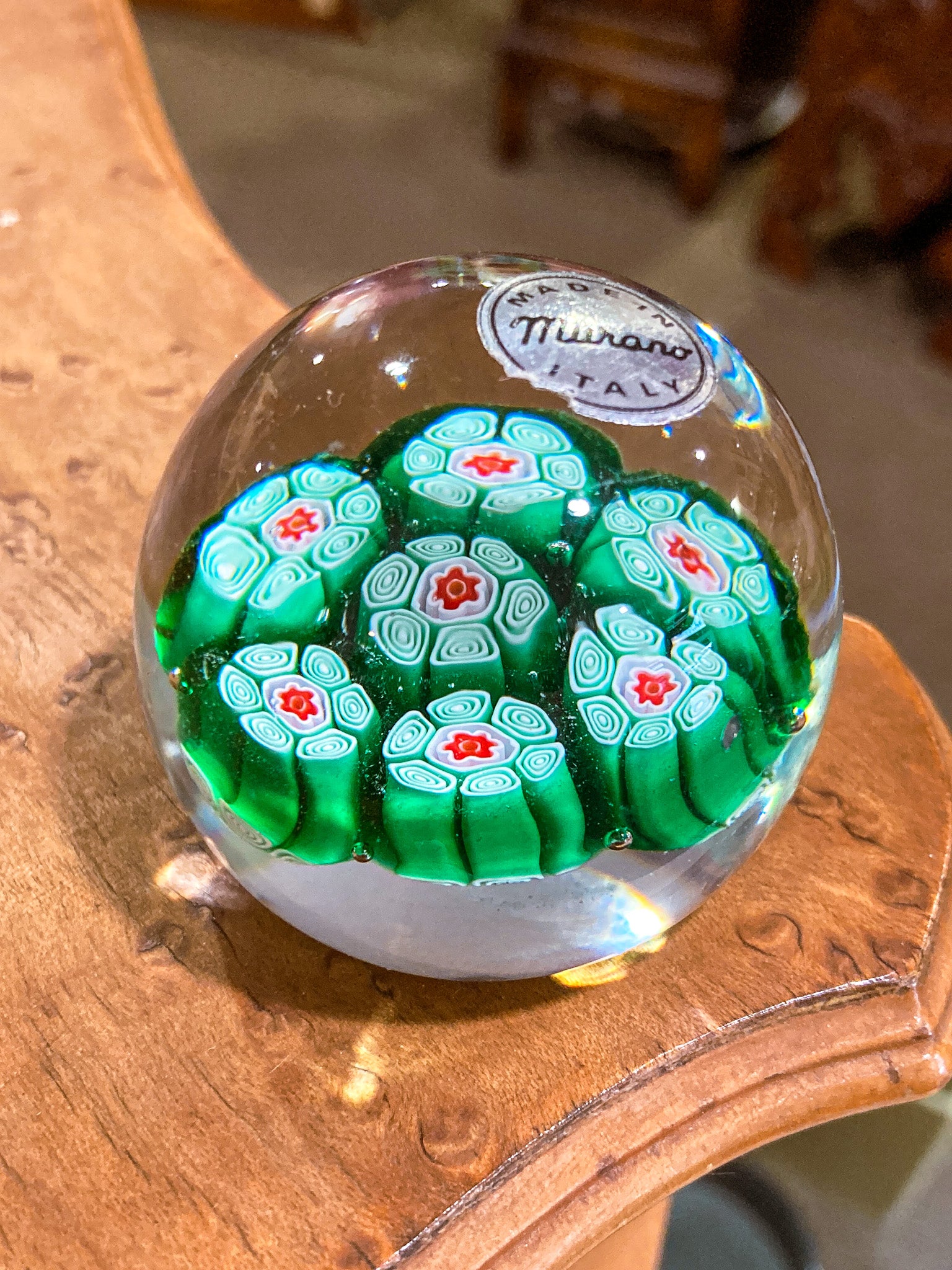 Vintage 1960s Murano Italian Millefiori Green Red Glass Miniature Paperweight