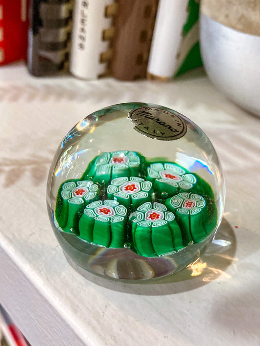 Vintage 1960s Murano Italian Millefiori Green Red Glass Miniature Paperweight