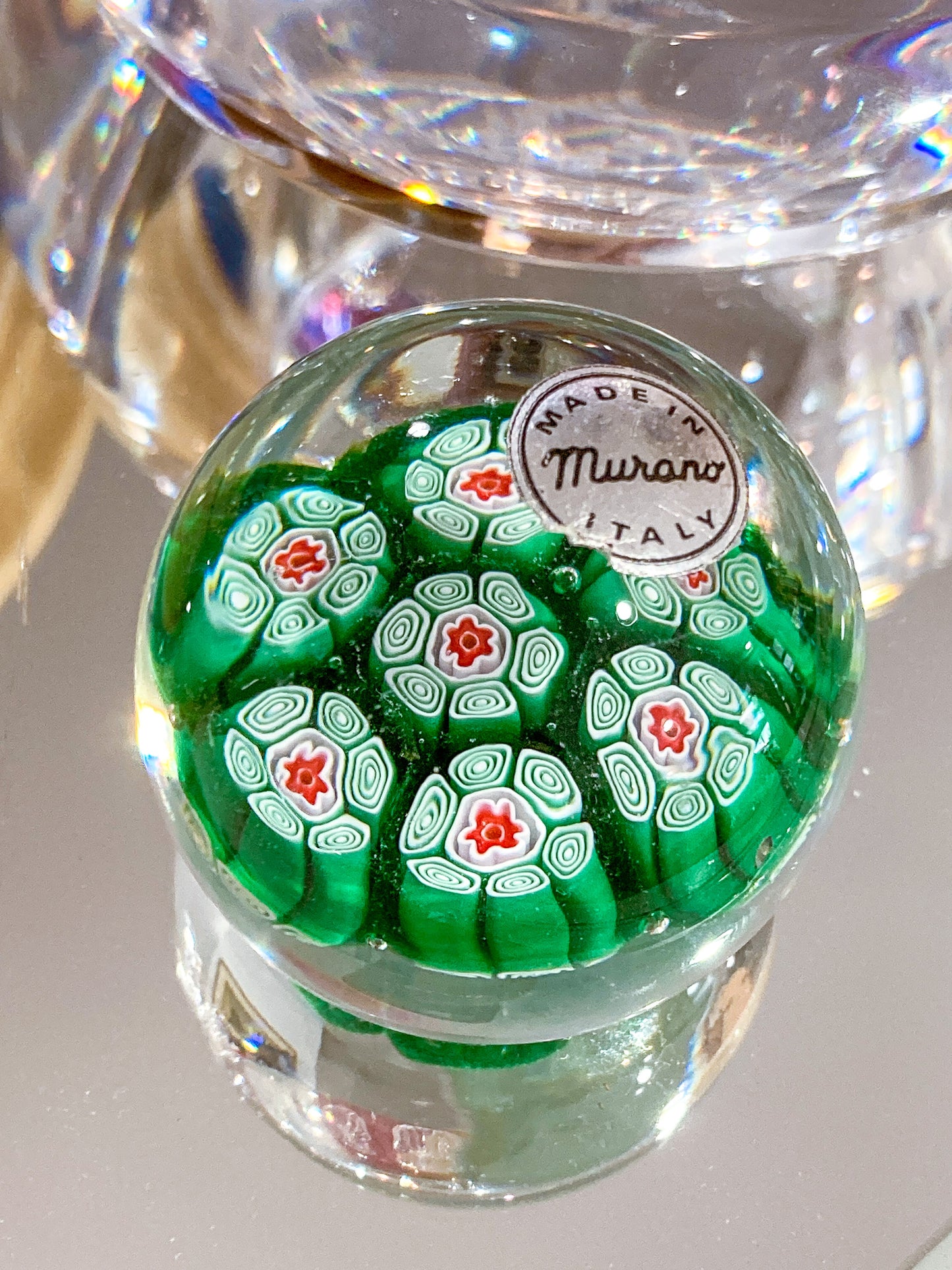 Vintage 1960s Murano Italian Millefiori Green Red Glass Miniature Paperweight