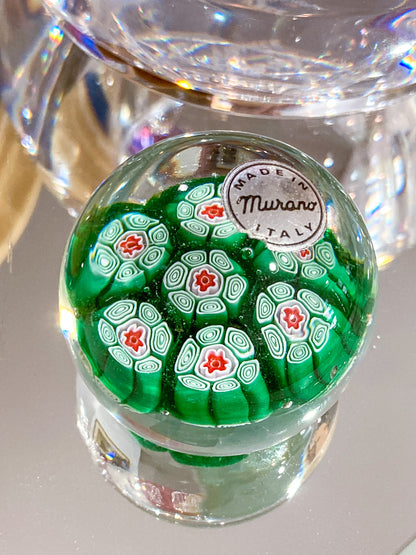 Vintage 1960s Murano Italian Millefiori Green Red Glass Miniature Paperweight
