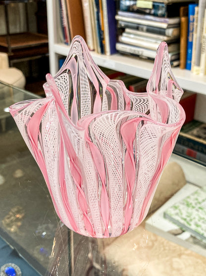 Vintage 1960s Murano Zanfirico Pink White Lattice Ribbon Glass Bowl Vase