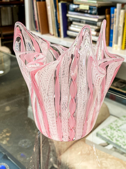 Vintage 1960s Murano Zanfirico Pink White Lattice Ribbon Glass Bowl Vase