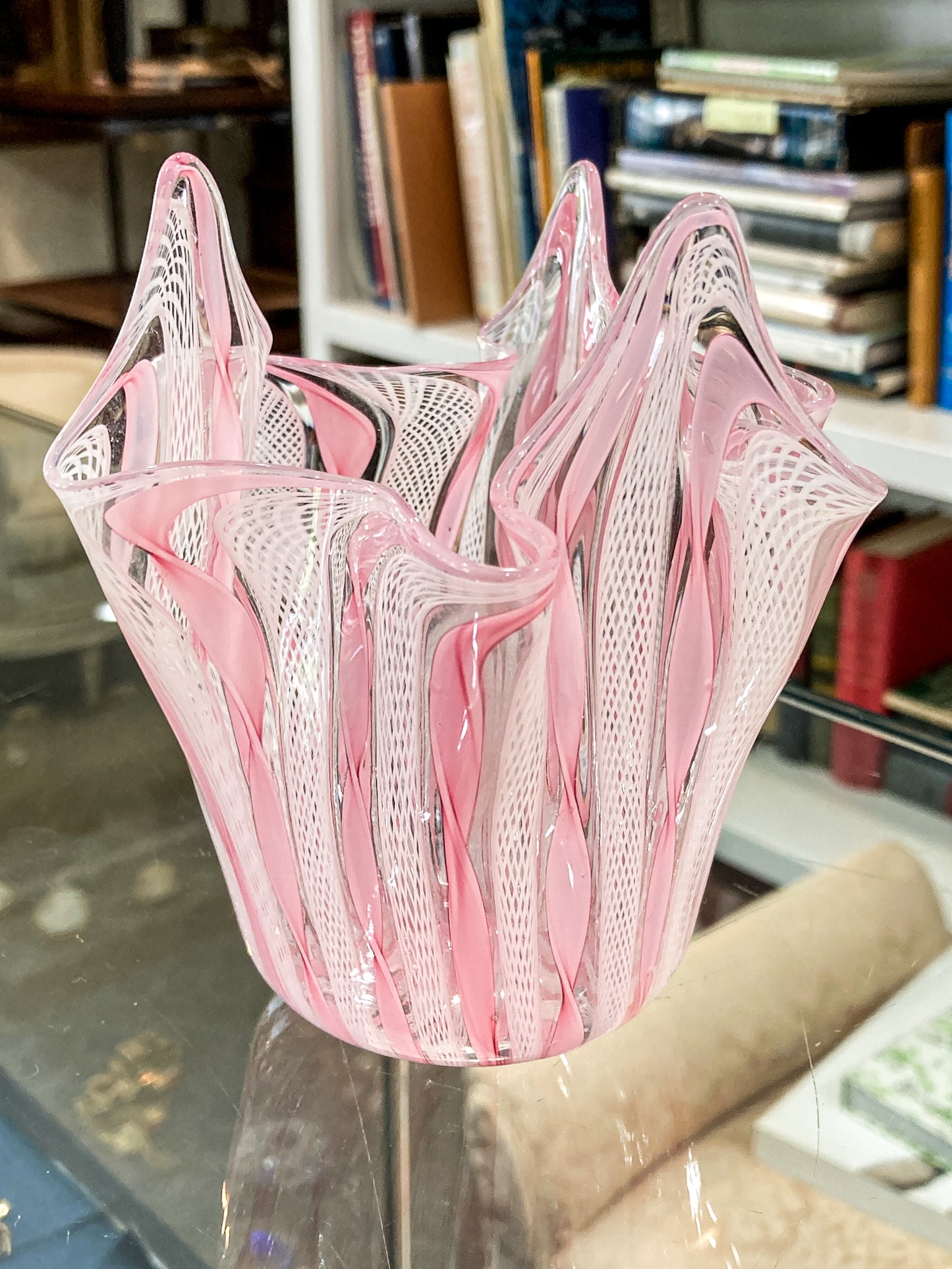 Vintage 1960s Murano Zanfirico Pink White Lattice Ribbon Glass Bowl Vase