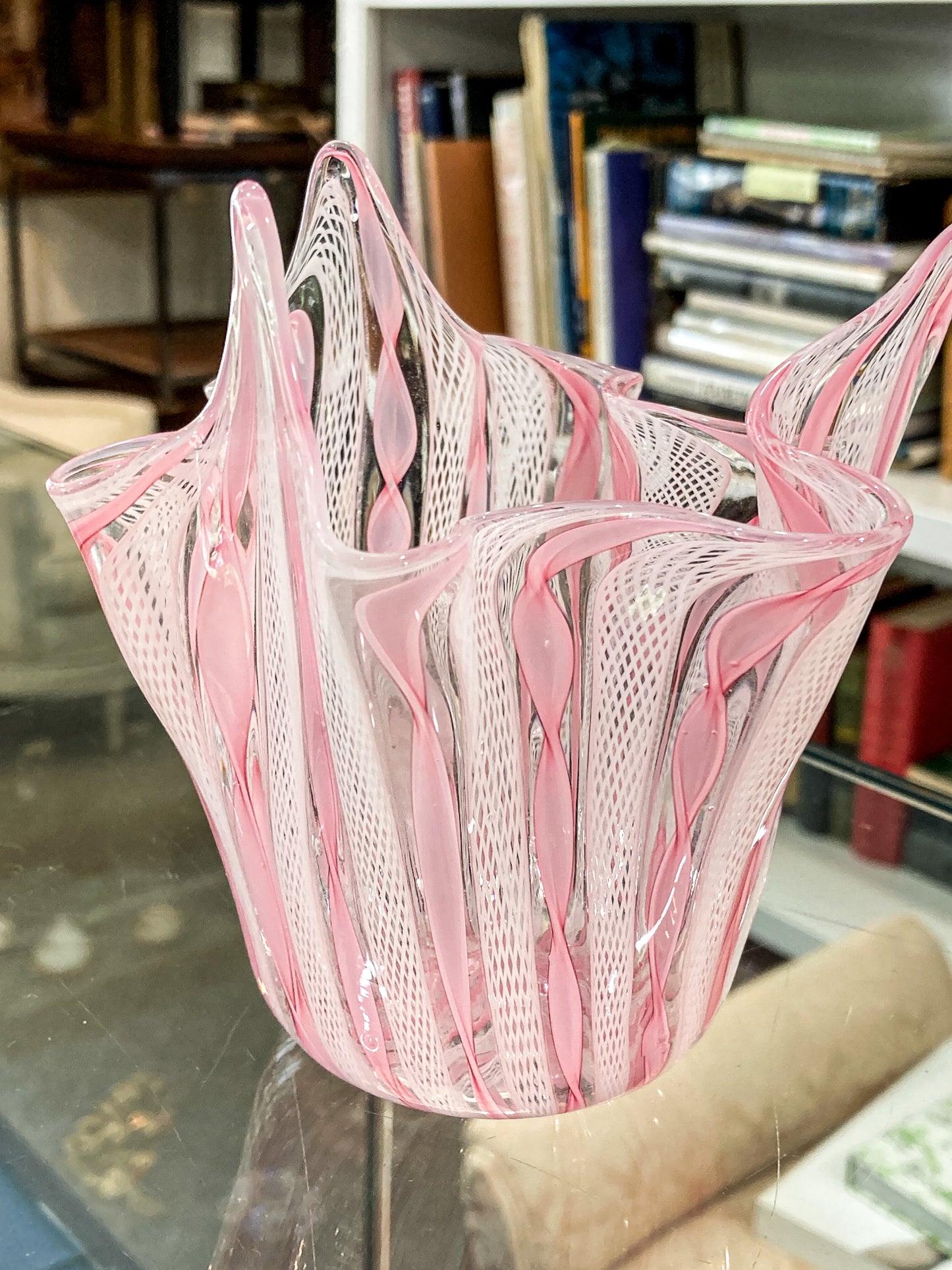 Vintage 1960s Murano Zanfirico Pink White Lattice Ribbon Glass Bowl Vase