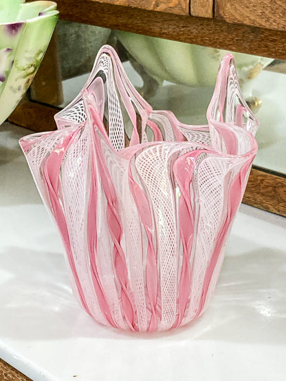 Vintage 1960s Murano Zanfirico Pink White Lattice Ribbon Glass Bowl Vase