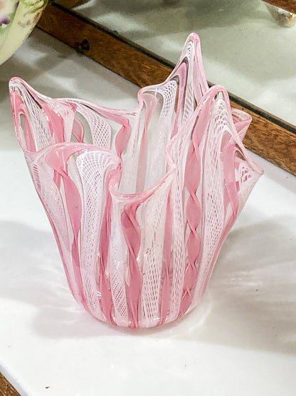 Vintage 1960s Murano Zanfirico Pink White Lattice Ribbon Glass Bowl Vase