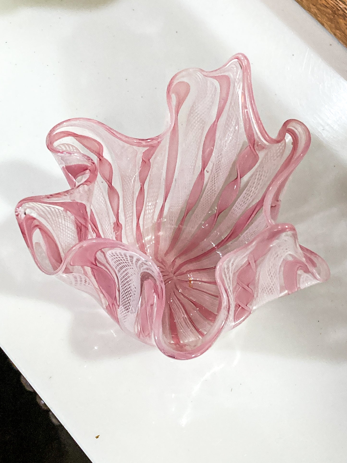 Vintage 1960s Murano Zanfirico Pink White Lattice Ribbon Glass Bowl Vase