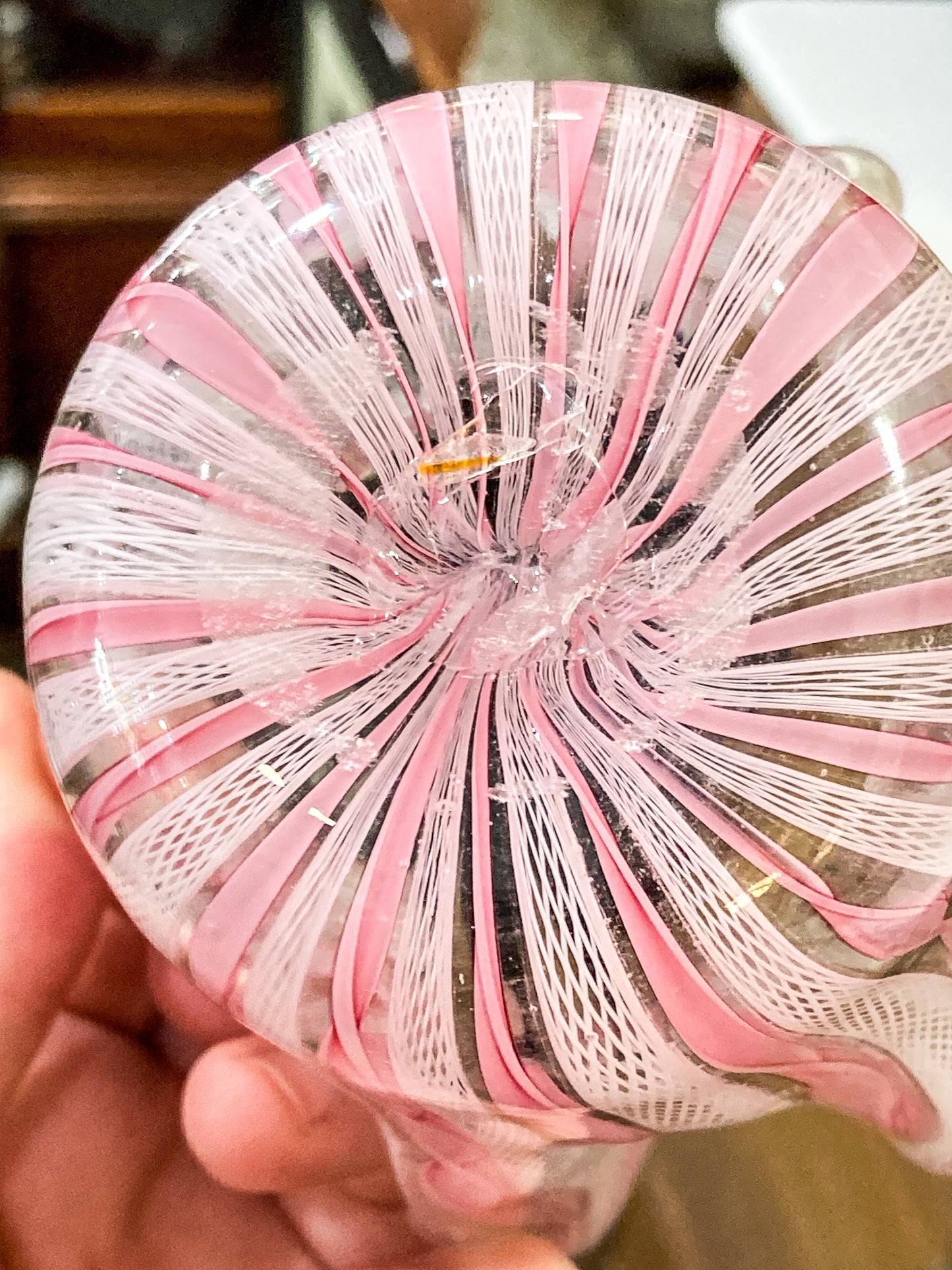 Vintage 1960s Murano Zanfirico Pink White Lattice Ribbon Glass Bowl Vase