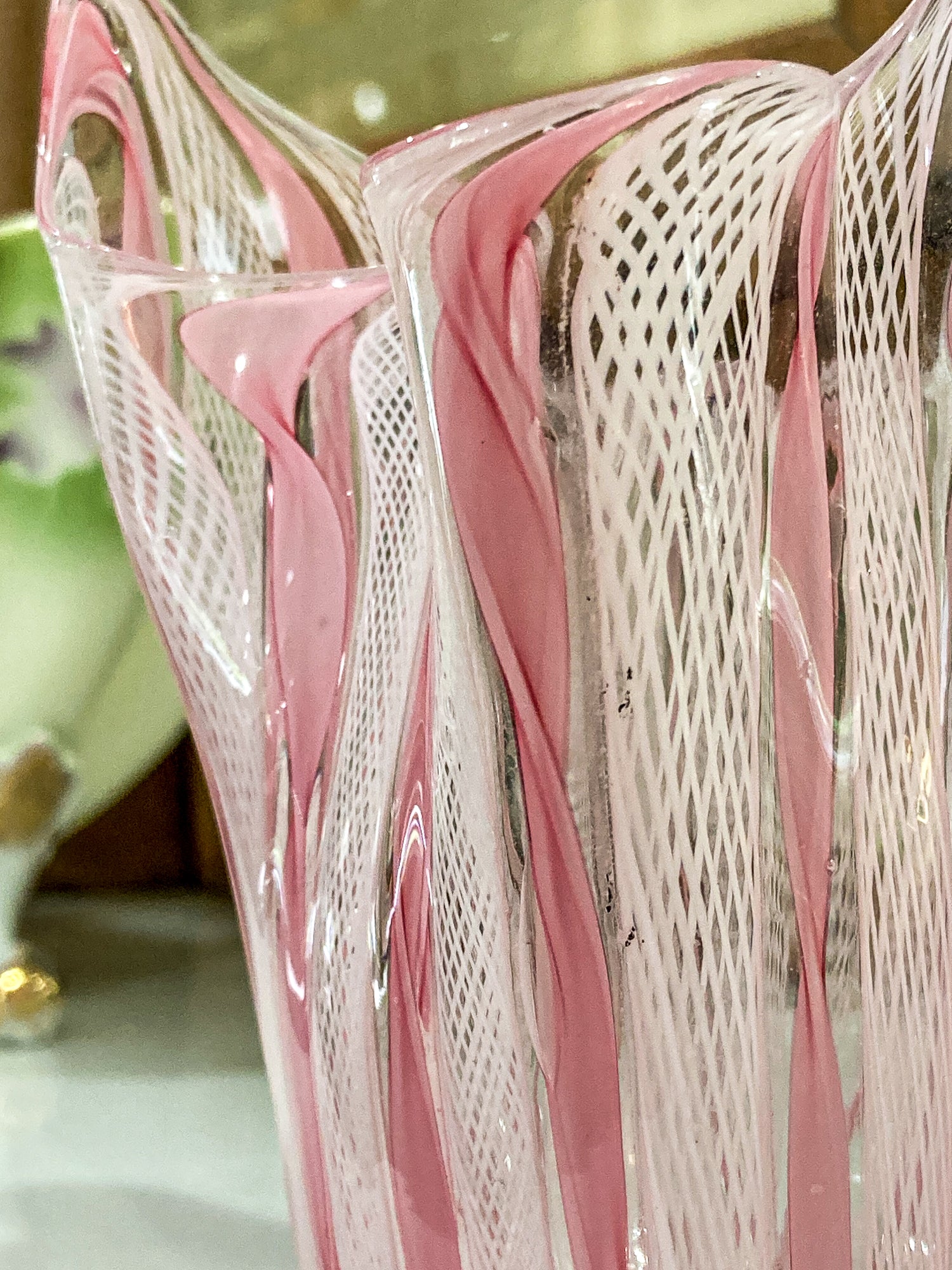 Vintage 1960s Murano Zanfirico Pink White Lattice Ribbon Glass Bowl Vase