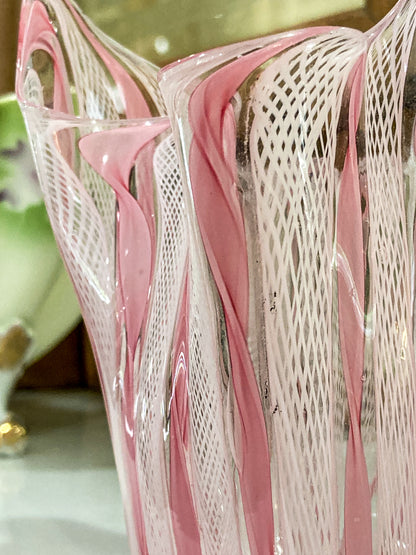 Vintage 1960s Murano Zanfirico Pink White Lattice Ribbon Glass Bowl Vase