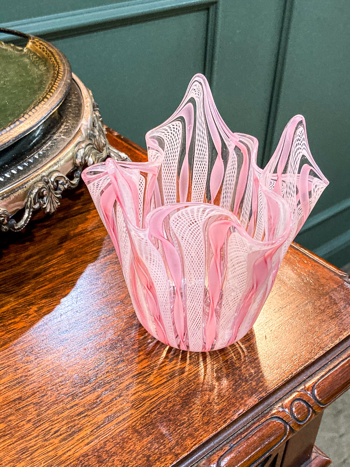 Vintage 1960s Murano Zanfirico Pink White Lattice Ribbon Glass Bowl Vase