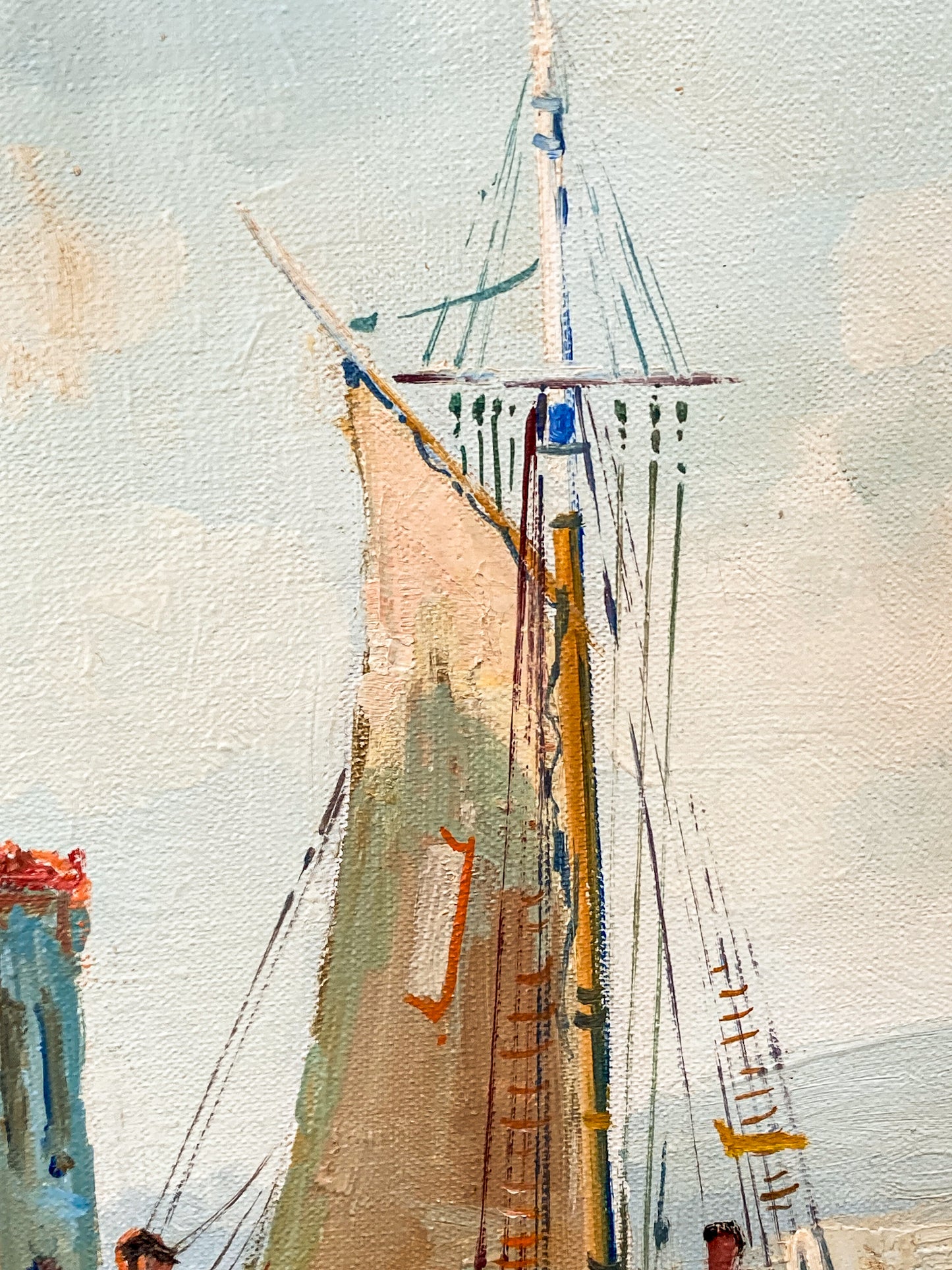 A close-up of an oil painting depicting the mast and sails of a sailing ship against a pale sky, with visible canvas texture and brushstrokes. Vintage 1960s Greece Village Seaside Boat Dock Landscape Signed Framed Oil Painting
