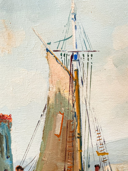 A close-up of an oil painting depicting the mast and sails of a sailing ship against a pale sky, with visible canvas texture and brushstrokes. Vintage 1960s Greece Village Seaside Boat Dock Landscape Signed Framed Oil Painting