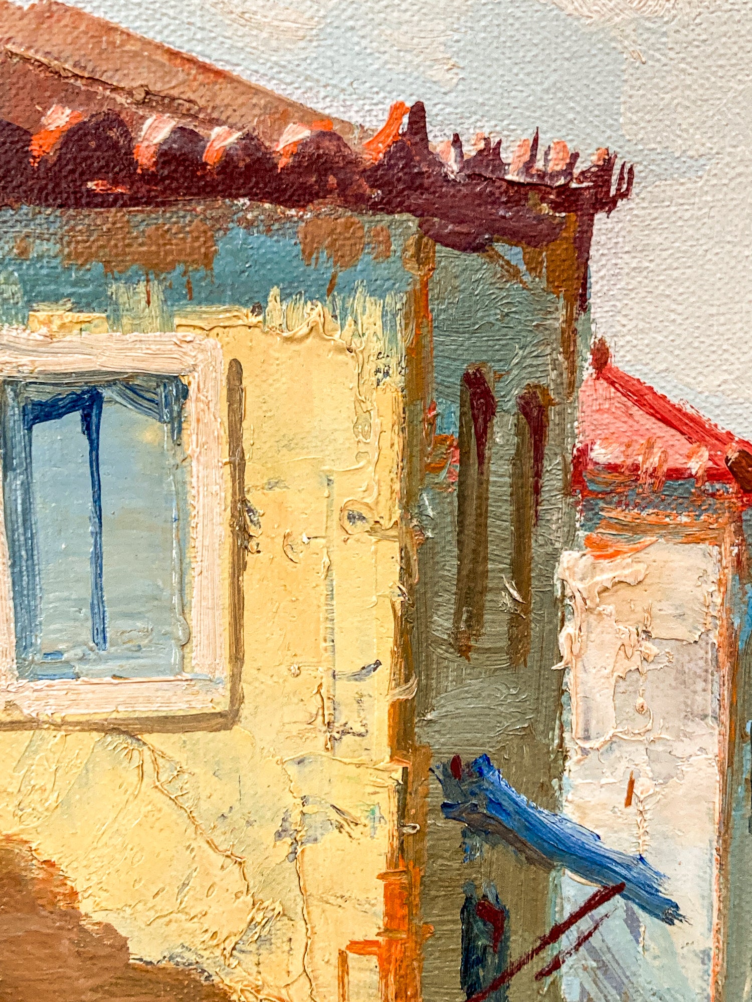 An impressionistic oil painting of a Venetian-style building facade, featuring textured brushstrokes in pale yellow, blue, terracotta red, and white. Vintage 1960s Greece Village Seaside Boat Dock Landscape Signed Framed Oil Painting