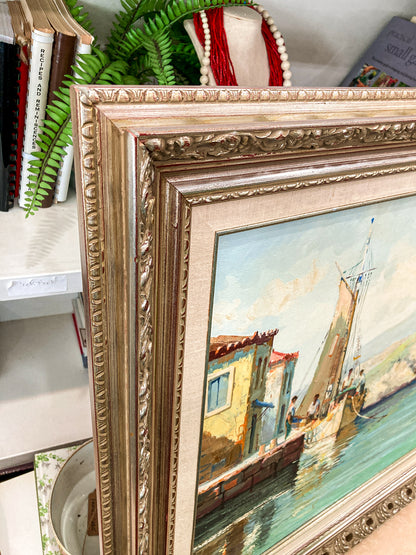 Vintage 1960s Greece Village Seaside Boat Dock Landscape Signed Framed Oil Painting