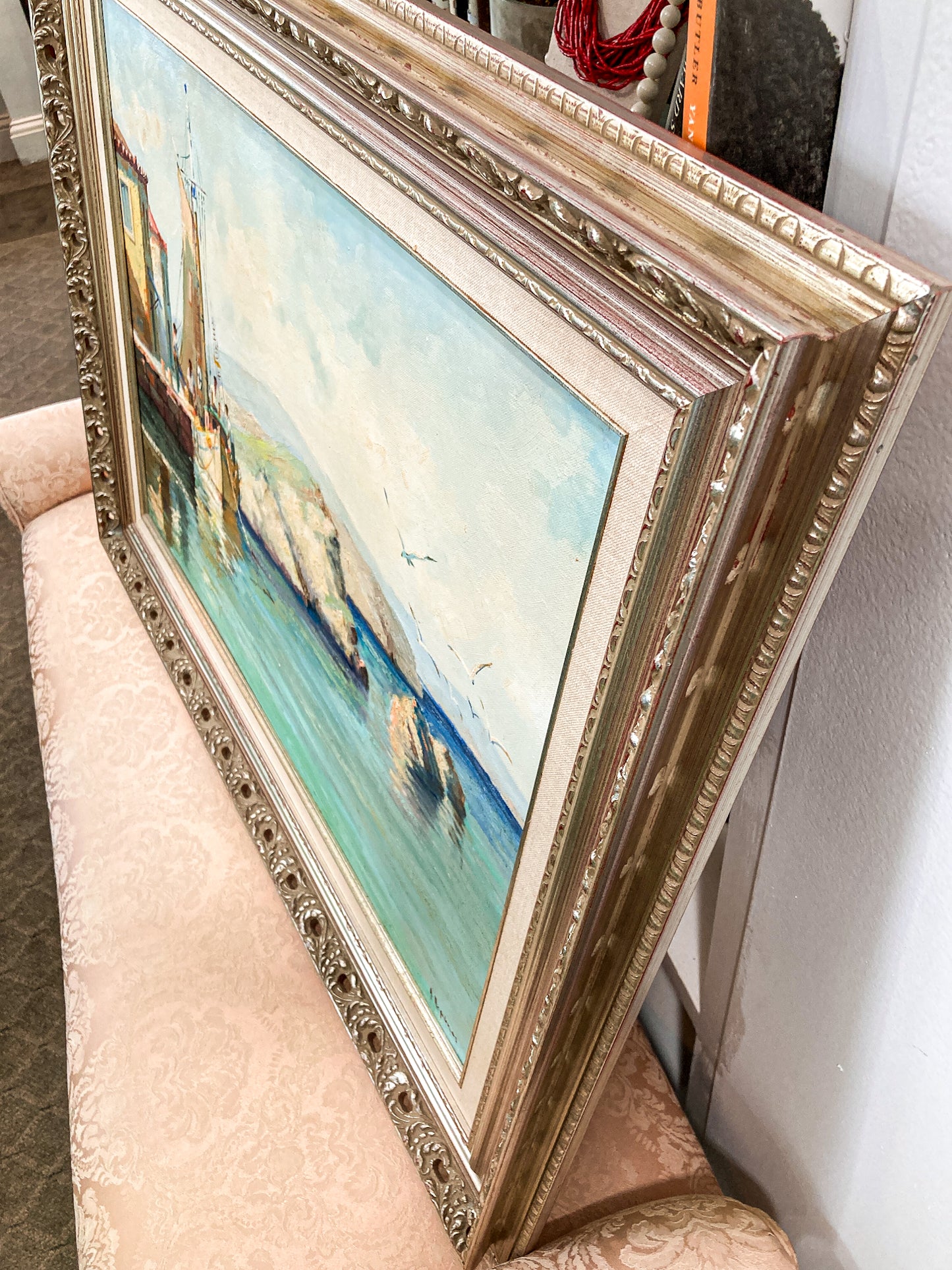 Vintage 1960s Greece Village Seaside Boat Dock Landscape Signed Framed Oil Painting