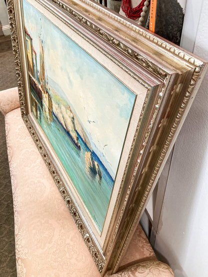 Vintage 1960s Greece Village Seaside Boat Dock Landscape Signed Framed Oil Painting