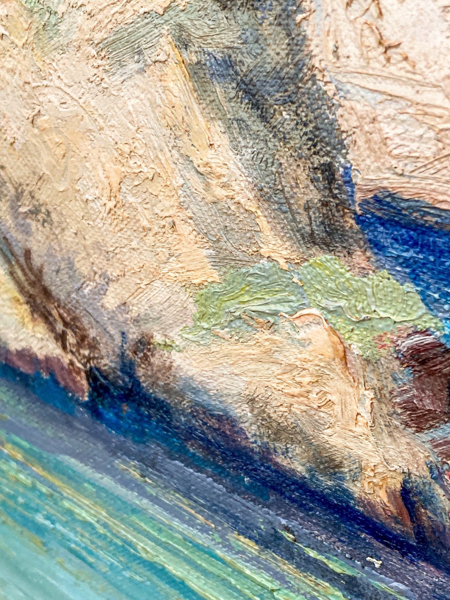 Close-up of an oil painting showing textured brushstrokes in beige, brown, blue, green, and black, depicting a coastal or rocky scene with water. Vintage 1960s Greece Village Seaside Boat Dock Landscape Signed Framed Oil Painting