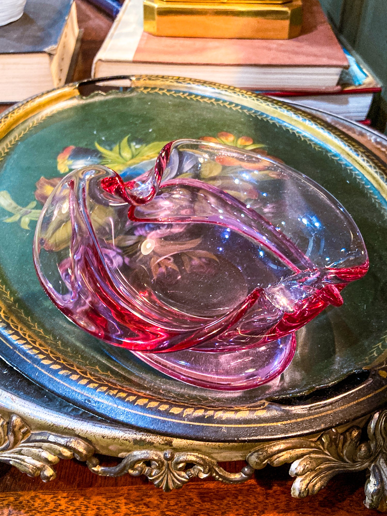 Vintage 1960s Italian Magenta Pink Organic Shape Glass Trinket Bowl